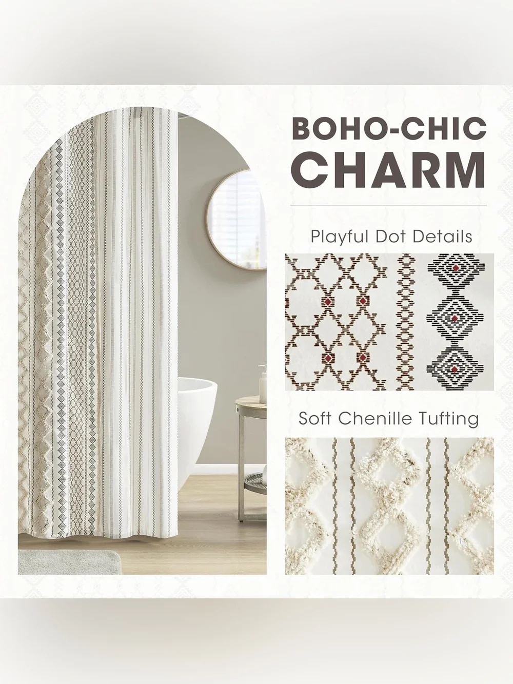 INK+IVY Imani Tufted Chenille 100% Cotton Shower Curtains Machine Washable ivory